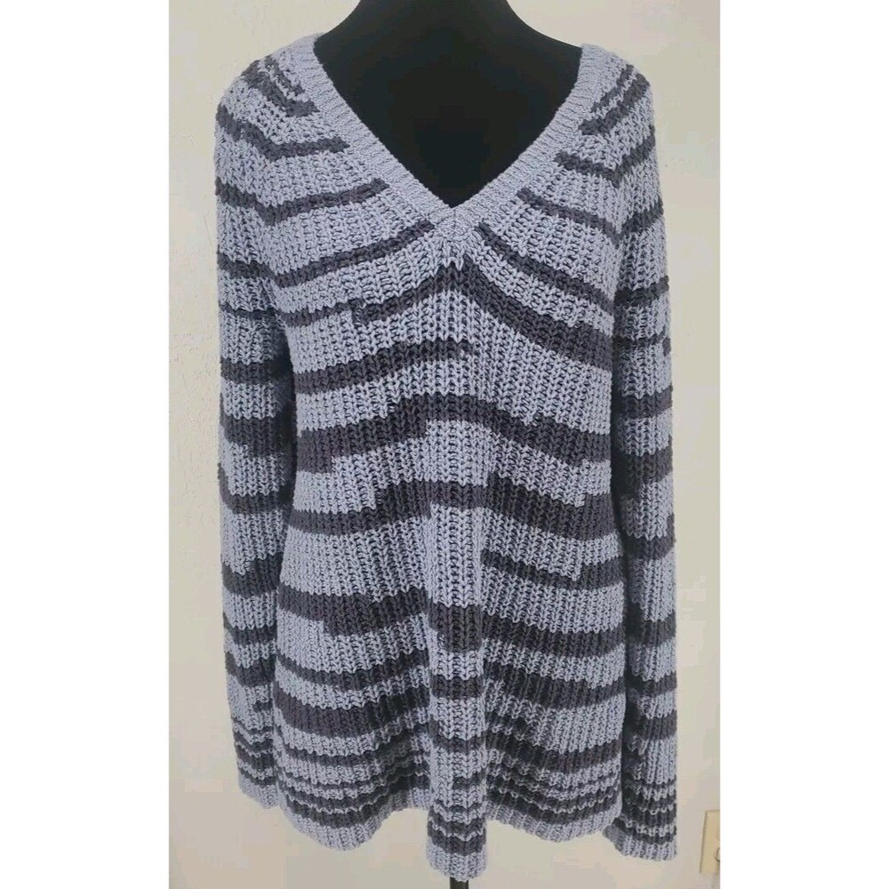 J. Jill Large | Chunky Knit Slate Blue Navy‎ Stripe Sweater 100% Cotton Cottage - Picture 2 of 8